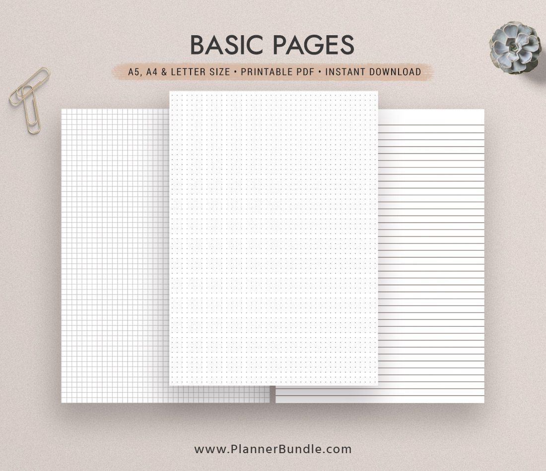 Basic Pages, Dot Grid, Grid, Lined Paper, Notebook, A4, Letter Size, A5,  Printable Planner Inserts, Planner Template, Planner Design –