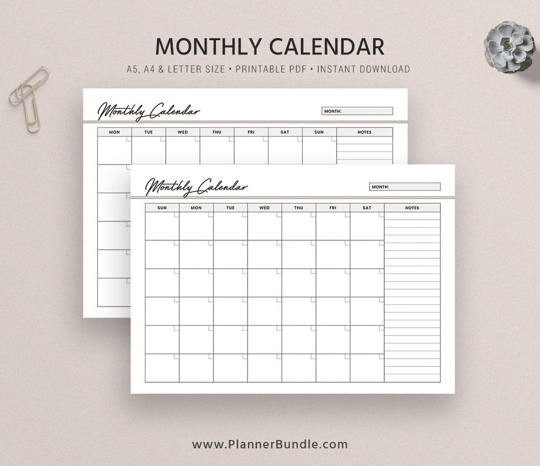 Monthly Calendar, Calendar 2021, Planner Inserts, Planner Refill, A5 ...