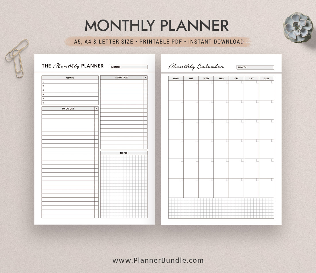 Undated Monthly Planner, Monthly Calendar, A5, A4, Letter Size