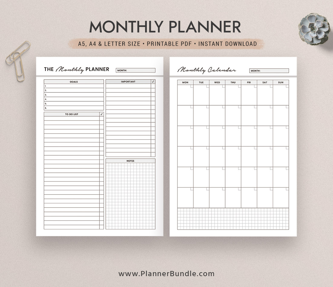 Undated Monthly Planner, Monthly Calendar, A5, A4, Letter Size, Printable Planner, Planner Pages, Planner Design, Instant Download – PlannerBundle.com