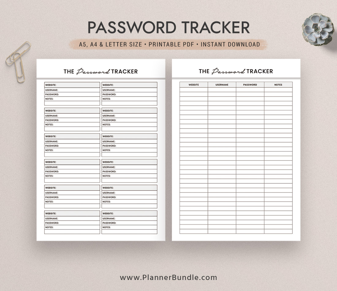 Password Tracker, Password Keeper, Filofax A5, A4, Letter Size