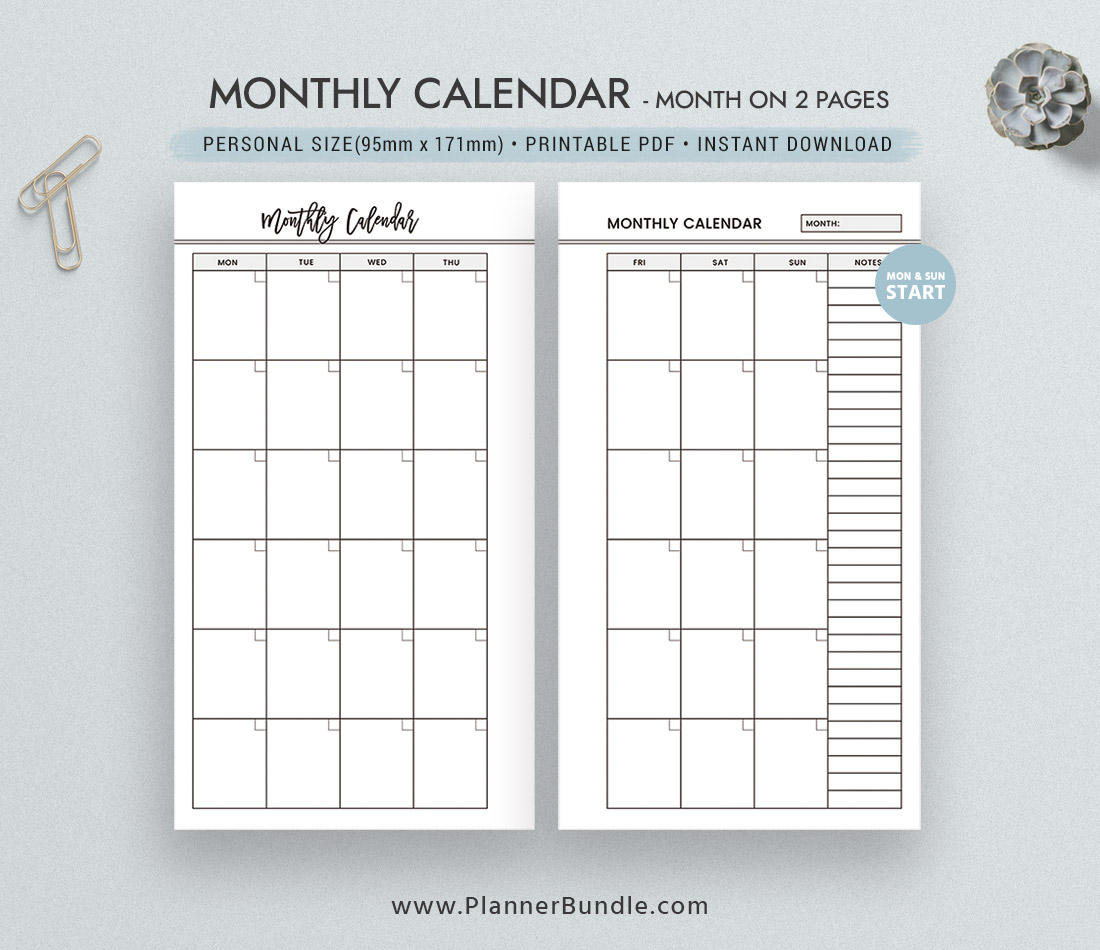 Monthly Calendar Month On 2 Pages Printable Planner Personal Size Refill Filofax Personal Planner Pages Planner Design Best Planner Plannerbundle Com