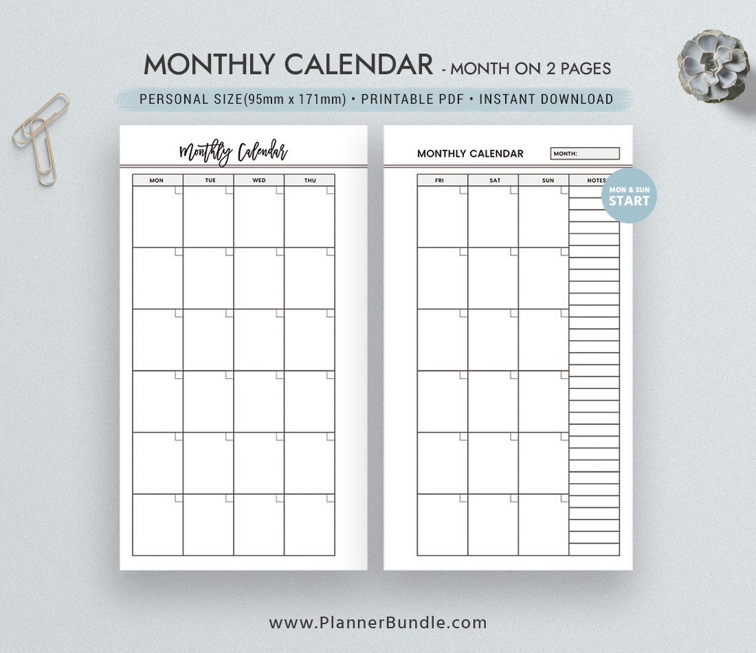 Monthly Calendar, Month On 2 Pages, Printable Planner, Personal Size, Refill, Filofax Personal, Planner Pages, Planner Design, Best Planner – PlannerBundle.com