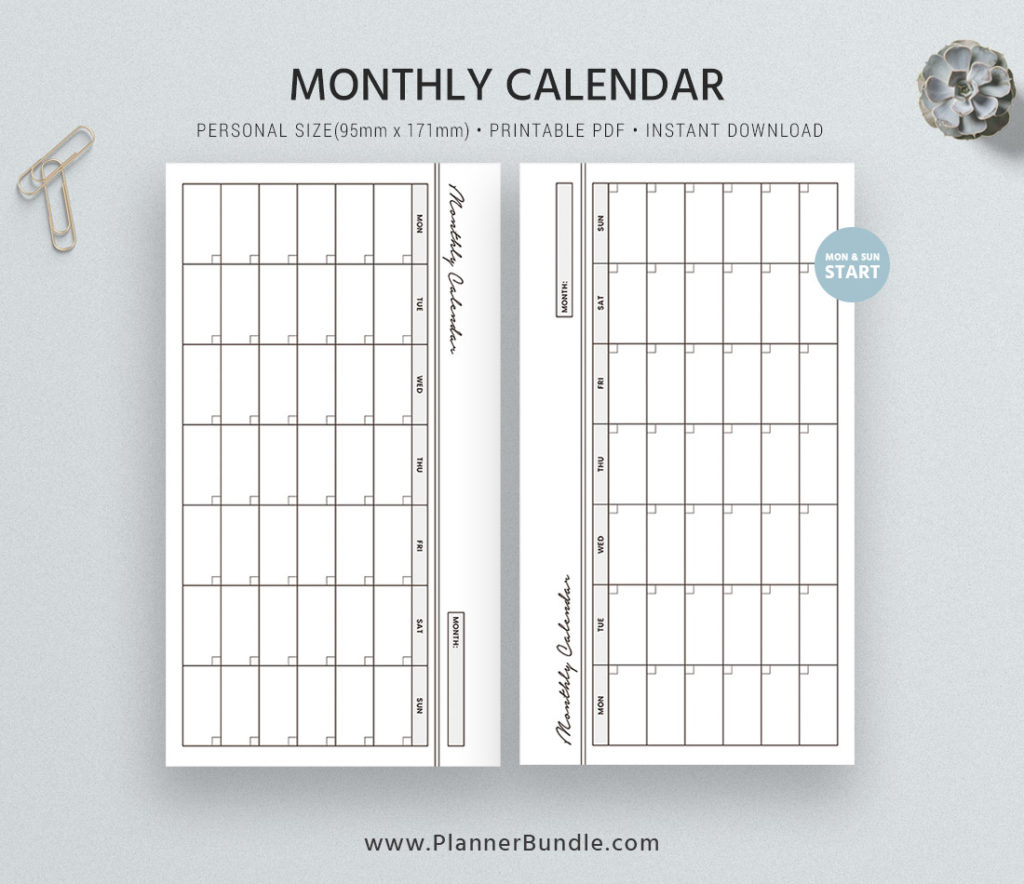 Monthly Calendar, Printable Personal Size Inserts, Filofax Personal